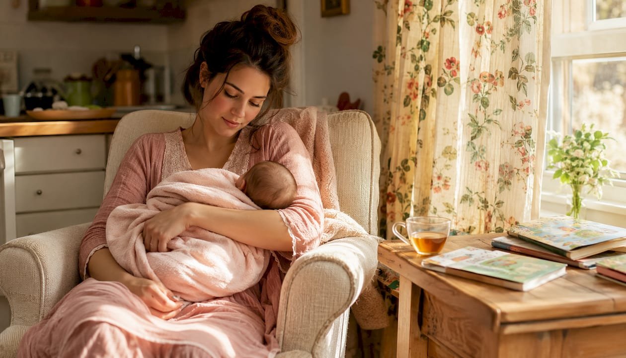 Mother holding baby with thoughtful expression