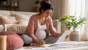 Woman reviewing insurance documents at kitchen table