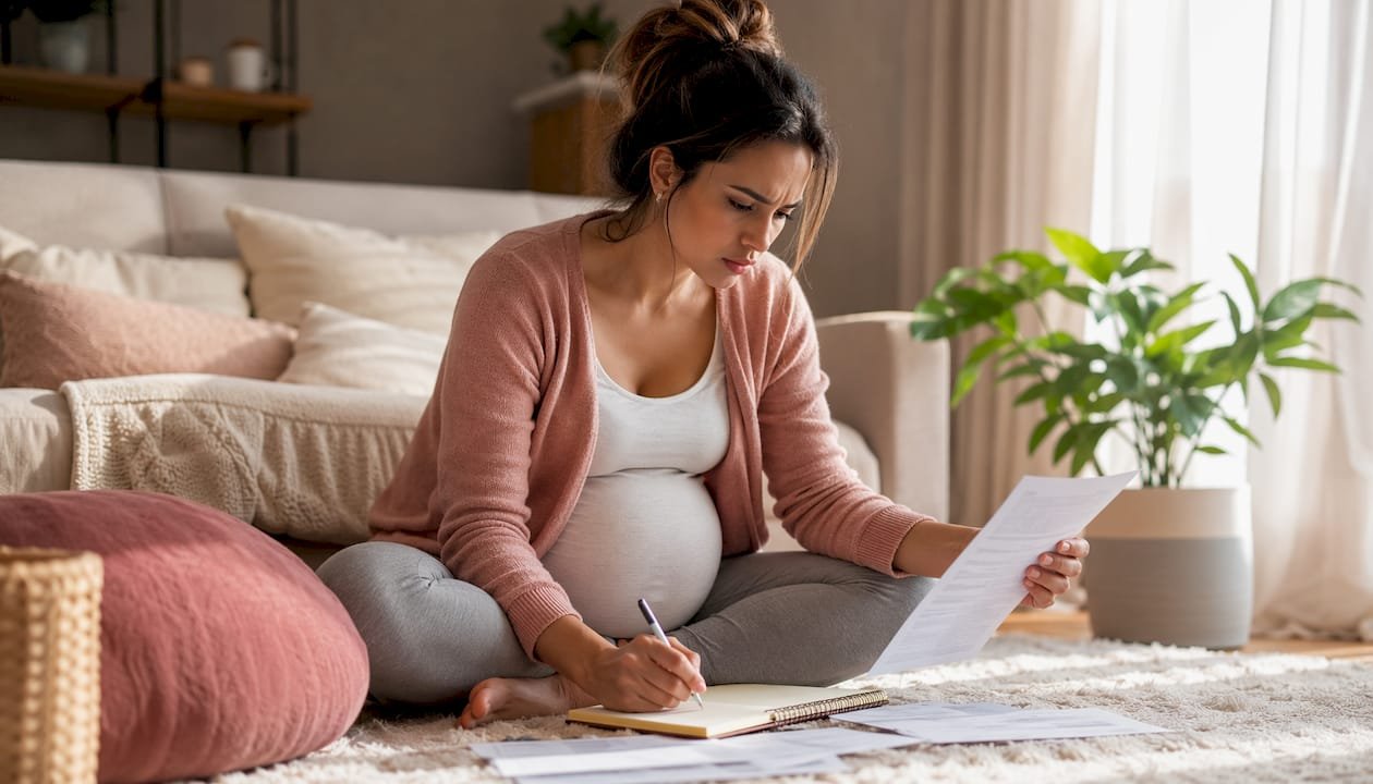 Woman reviewing insurance documents at kitchen table