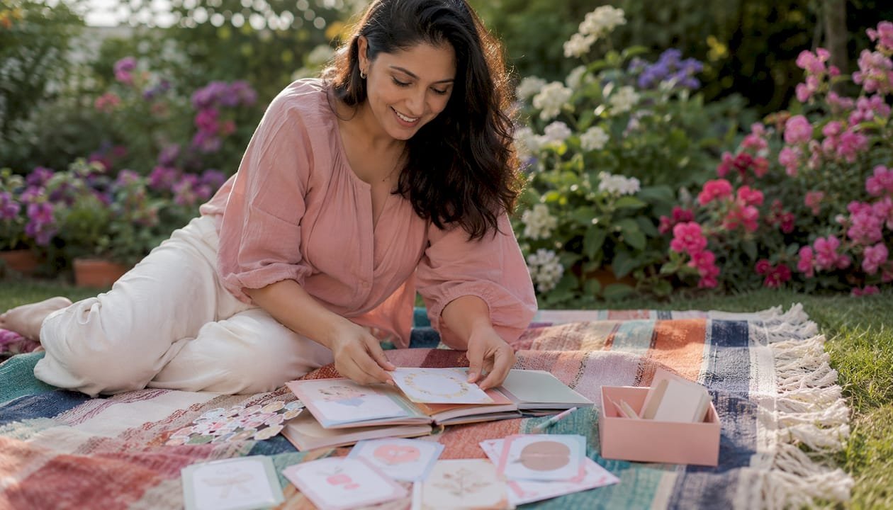 Mother assembling baby memory book and milestone cards